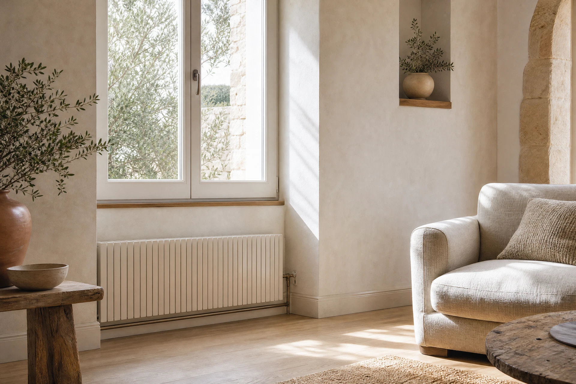 Pièce de vie rénovée avec chauffage intégré à l’architecture