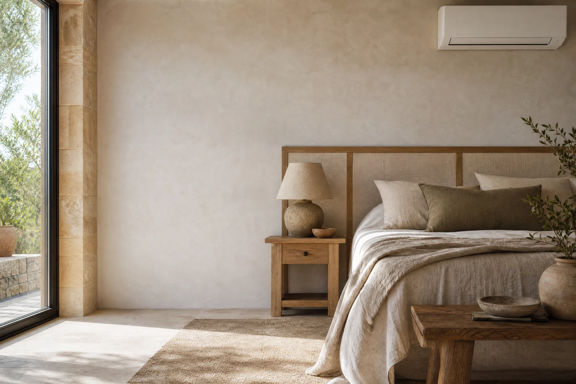 Chambre rénovée avec unité de climatisation discrètement intégrée