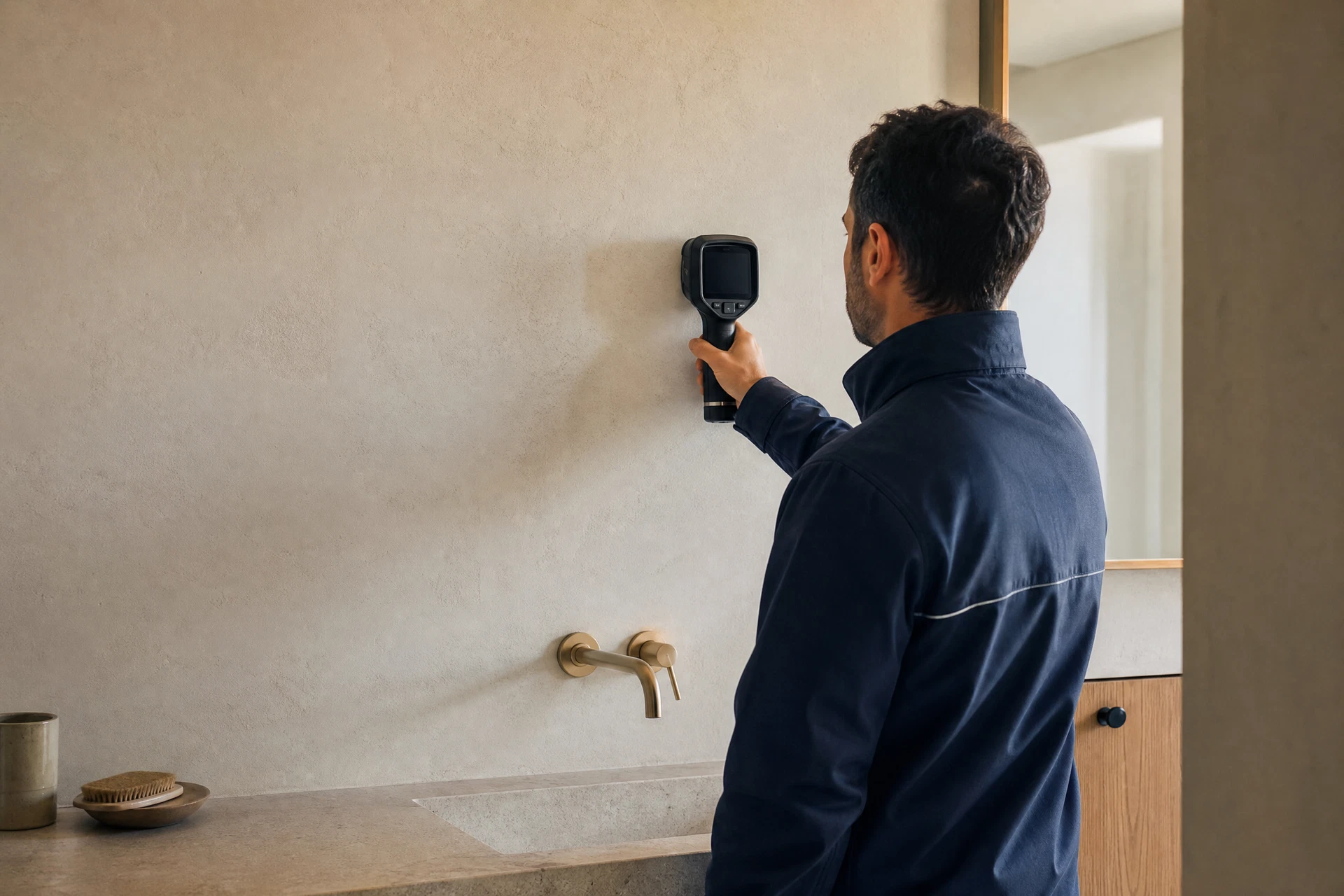Technicien utilisant un outil de détection sur un mur